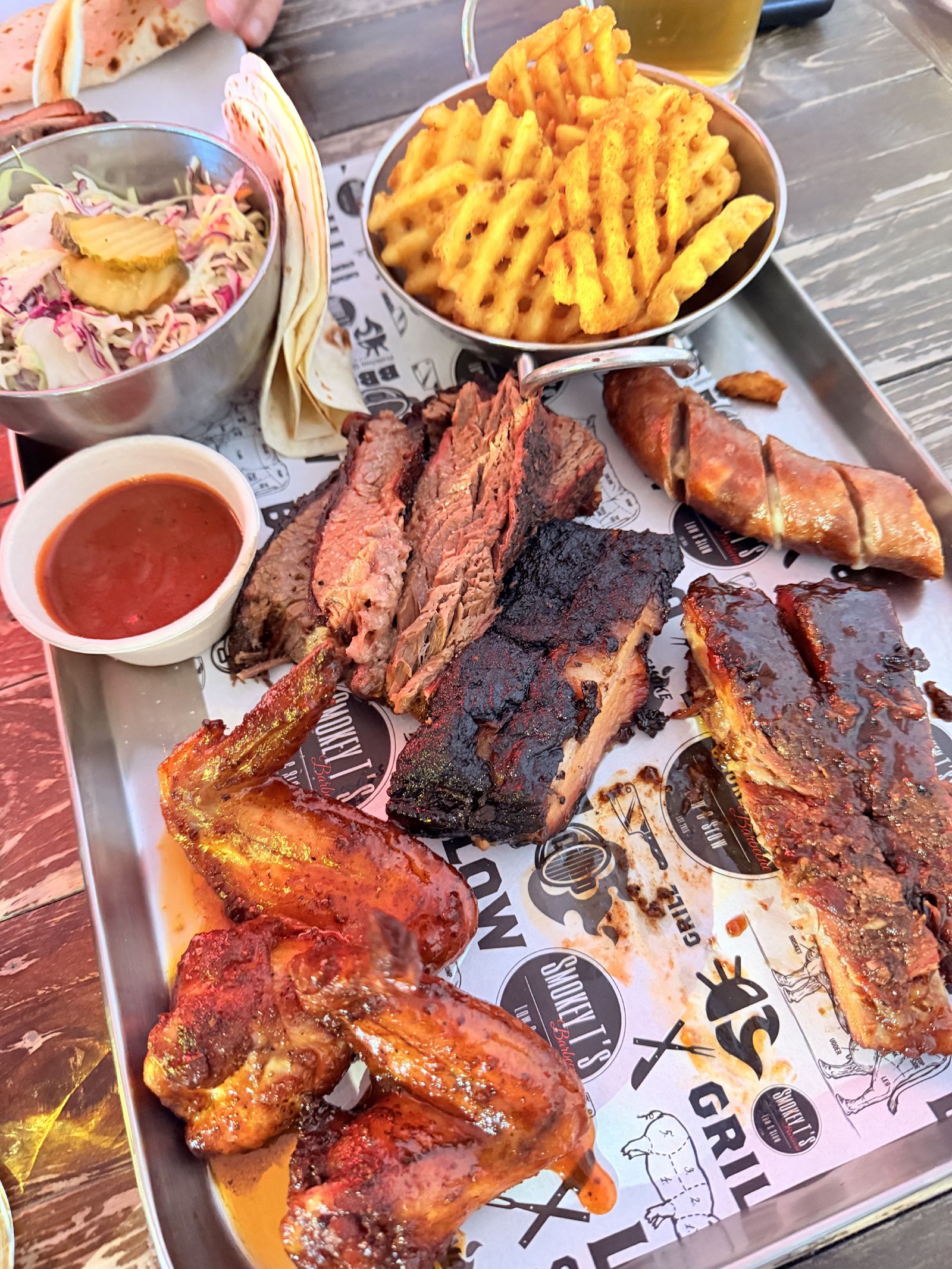 The BBQ tray at Smokey T’s before we made a serious dent in it