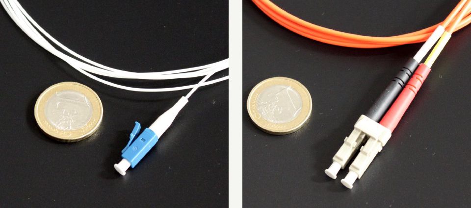 LC simplex and LC duplex fibre patch leads photographed side by side